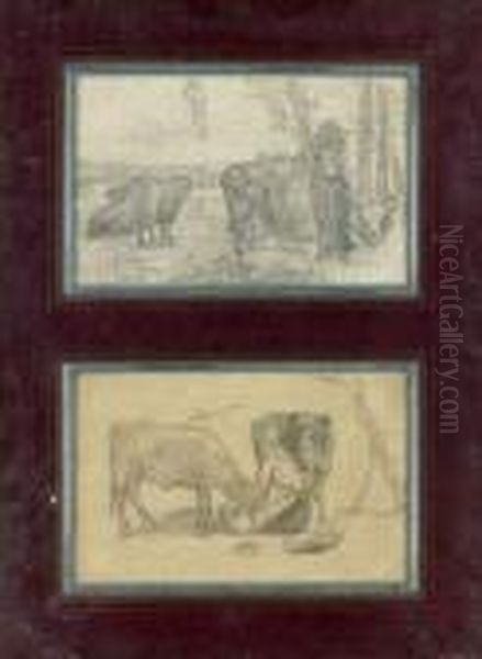 Fermier Avec Ses Vaches Fermiere Nourrissant Ses Vaches
 Crayon Noir. Oil Painting by Eugene Boudin
