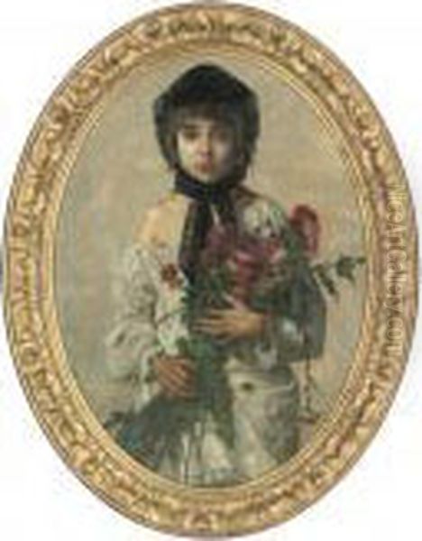 Portrait Of A Young Girl, 
Half-length, In A Black Bonnet, Holding A Bunch Of Wild Flowers Oil Painting by William-Adolphe Bouguereau