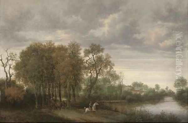 A wooded river landscape with a horseman and a horse and cart on a path Oil Painting by Joris van der Haagen or Hagen