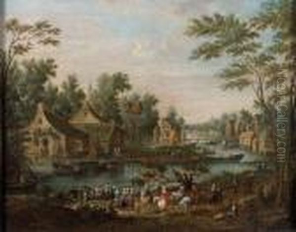 Paysage Anime Le Long D'un Canal Fluvial Sur Fond De Paysage Oil Painting by Peeter Bout