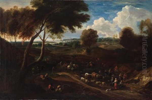 Strada Di Campagna Con Una 
Carovana, Contadini, Armenti E Astanti Presso Un Corso D