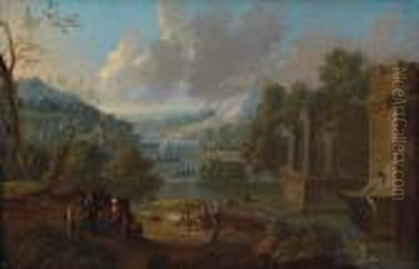 Adriaen Frans Boudewijns 
Attribuito; Coppia Di Paesaggi Fluviali Del Sud Con Rovine Romane Oil Painting by Peeter Bout