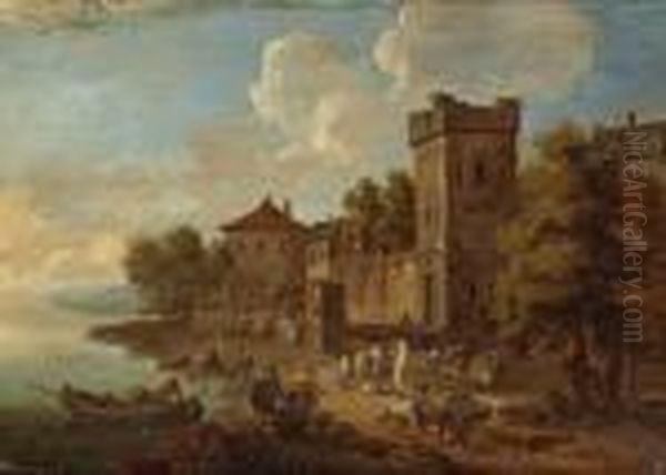 An Extensive Landscape With 
Numerous Figuresgathered Outside Buildings; Also A Companion River 
Landscape (apair) Oil Painting by Peeter Bout