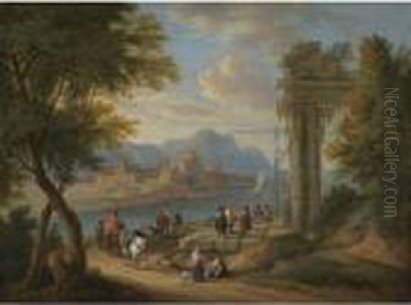 A River Estuary With Fishermen 
And Travellers Resting Beneath A Ruin, A Mountainous Landscape Beyond Oil Painting by Peeter Bout