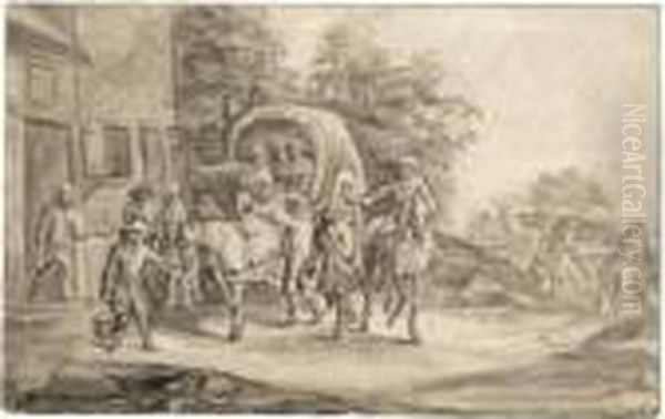 Recto
: A Horse And Cart And Other Travellers, Stopping To Rest By An Inn;
Verso
: Study Of A Family With A Small Child Learning To Walk Oil Painting by Peeter Bout