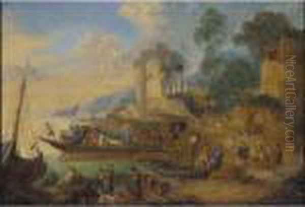 A River Landscape With Fishermen
 Landing Their Catch And Travellers On A Road Before A Classical Ruin Oil Painting by Peeter Bout