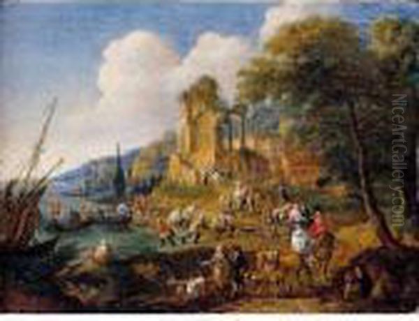 Fishermen Landing Their Catch, 
With Travellers On A Road Before A Classical Ruin And A Town Oil Painting by Peeter Bout