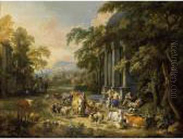 A Classical Wooded Landscape 
With Herdsmen Tending Their Cattle Near A Roman Temple, A City Beyond Oil Painting by Peeter Bout