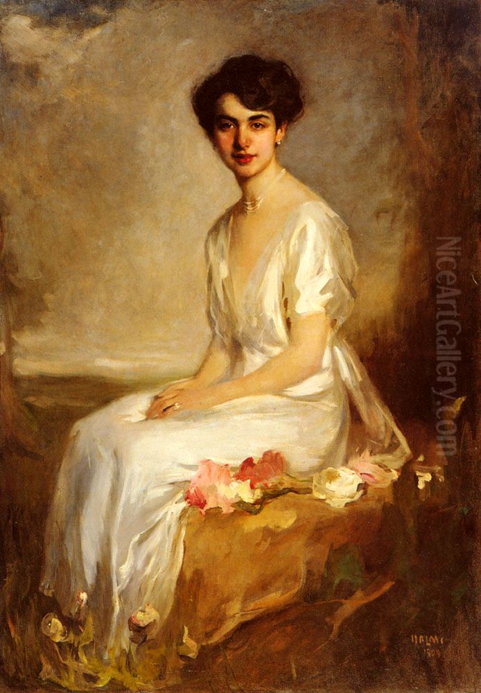 Portrait of an Elegant Young Woman in a White Dress Oil Painting by Artur Lajos Halmi