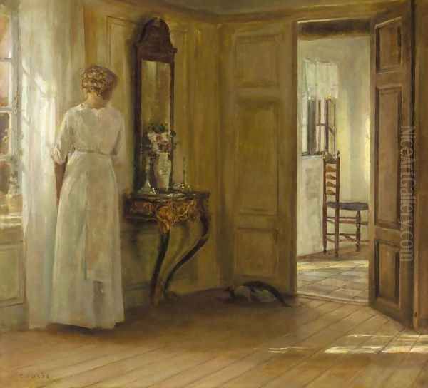 Interior with a Lady and a Cat (Interieur med kvinde og kat) Oil Painting by Carl Wilhelm Holsoe