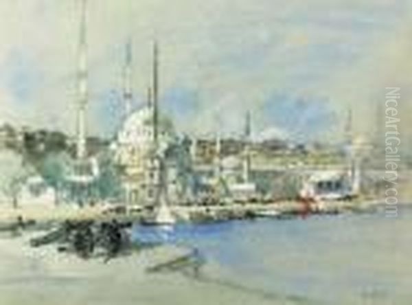 Probably The Suleymaniye Mosque 
With The Sultanahmet Mosque Beyond,on The Golden Horn's West Bank, 
Istanbul. Oil Painting by Hercules Brabazon Brabazon