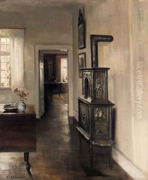Interior with a Stove (Interieur med pejs) Oil Painting by Carl Wilhelm Holsoe