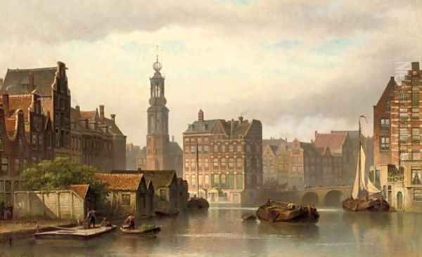 The Amstel in summer with the Munttoren and the Rokin beyond Oil Painting by Eduard Alexander Hilverdink