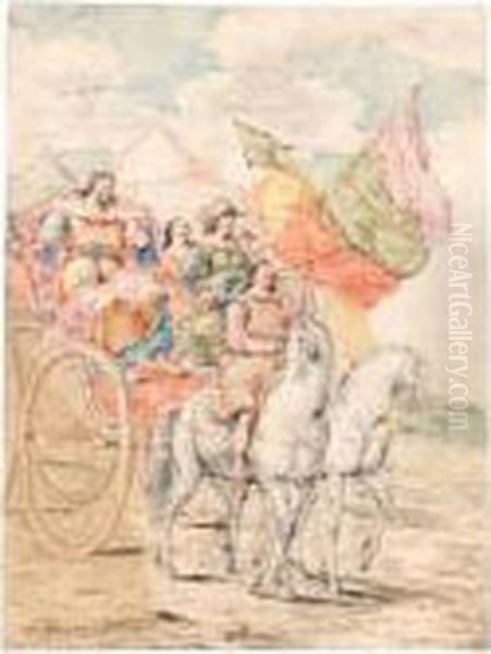 Three Scenes, Possibly 
Religious: A) Soldiers Coming Upon Wounded Figures; B) A Triumphal 
Procession; C) Figures Standing Outside A Tent Oil Painting by Leonaert Bramer