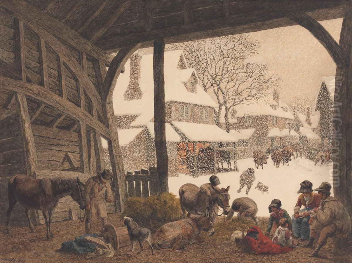 A Village Snow Scene Oil Painting by Robert Hills