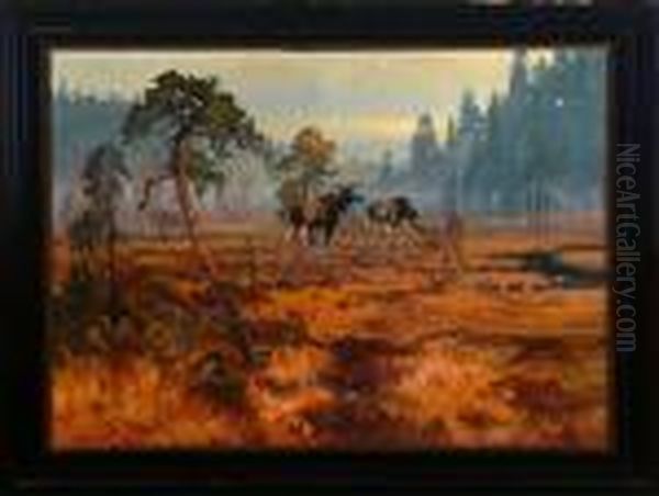 Elks In A Forrest. Signed. Oil On Canvas. 91 X 126 Cm Oil Painting by Carl Brandt