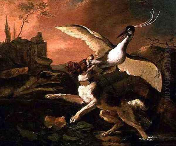 A Spaniel Attacking a Heron Oil Painting by Abraham Danielsz. Hondius