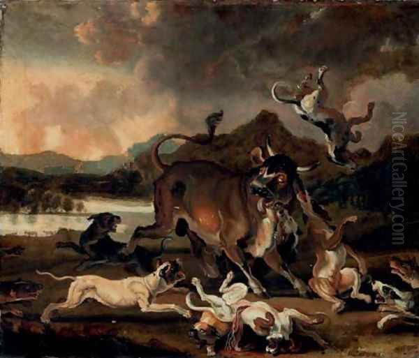 Hounds attacking a bull in a river landscape Oil Painting by Abraham Danielsz. Hondius