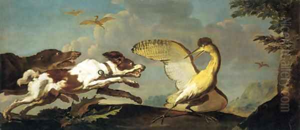 Hounds chasing a wounded bittern Oil Painting by Abraham Danielsz. Hondius