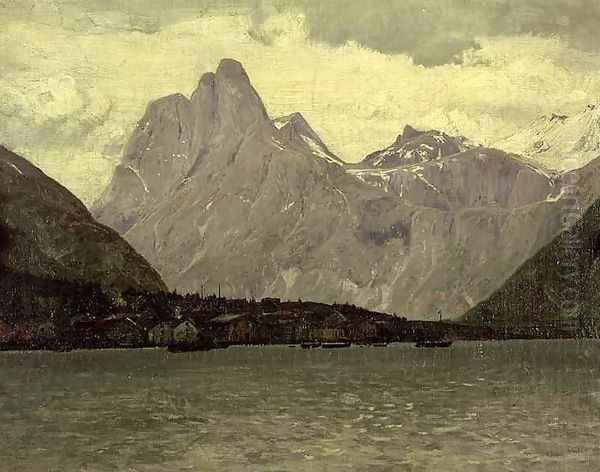 Norwegian Fishing Village Oil Painting by Laurits Bernard Holst