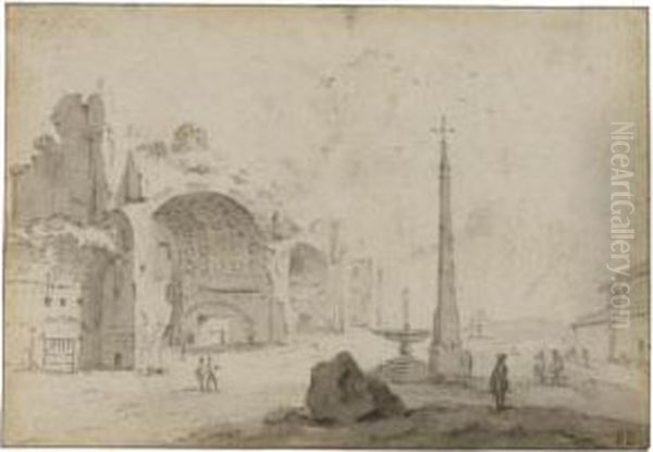 Fantasy View Of Rome, With The 
Basilica Of Constantine And Theobelisk Of Palazzo Del Popolo Oil Painting by Bartholomeus Breenbergh