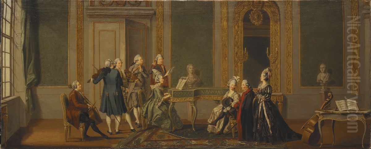 Gustavian Style Interior with a Musical Party Oil Painting by Pehr Hillestrom