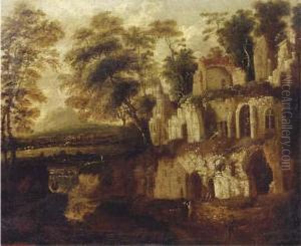 An Italianate Landscape With 
Figures Resting Near An Overgrown Ruin, A River And Town In The Distance Oil Painting by Bartholomeus Breenbergh