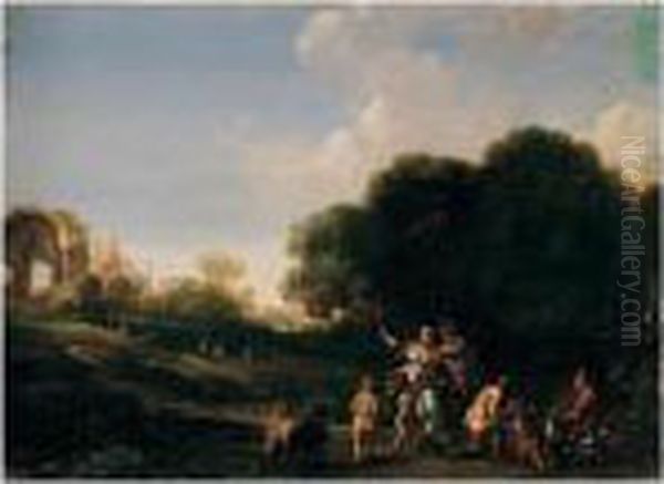 Classical Landscape With Nymphs,
 And The Goat Amalthea Being Suckled By The Infant Jupiter With The 
Temple Of Minerva Medica Beyond Oil Painting by Bartholomeus Breenbergh