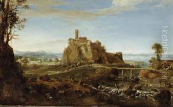 An Italianate Landscape With The
 Town Of Acquapendente, Near Rome,and Shepherds And Washerwomen By The 
Banks Of A River Oil Painting by Bartholomeus Breenbergh