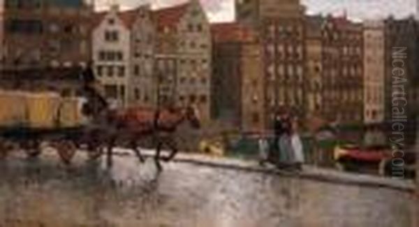 A Working Horse Pulling A Loaded
 Wagon On The Prins Hendrikkade,amsterdam, With The Damrak Beyond Oil Painting by George Hendrik Breitner
