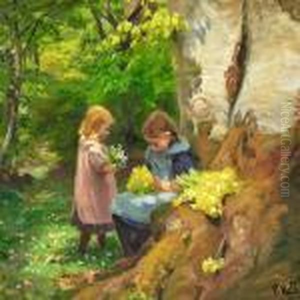 Springtime With Two Girls Picking Flowers Oil Painting by Hans Anderson Brendekilde