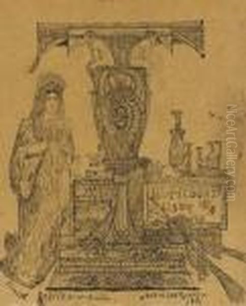 The Letter T With A Regency 
Marquis Standing Next To A Table With Alarge Pot Below A Canopy, A Dog 
On The Left And Bird Flying On Theright Oil Painting by Rodolphe Bresdin