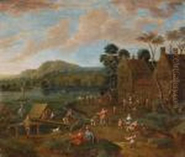 An Extensive River Landscape 
With Figuresdancing And Playing Music Before A Village; And A River 
Landscapewith Figures Departing In A Ferry And Others Dancing Before 
Aninn Oil Painting by Karel Van Breydel (Le Chevalier)