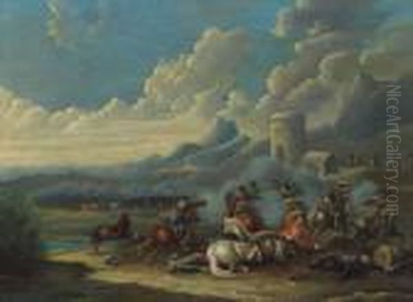 Reitergefecht In Einer Gebirgigen Landschaft Oil Painting by Karel Van Breydel (Le Chevalier)