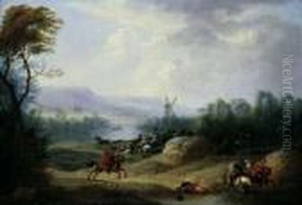 Reitergefecht Vor Weiter 
Landschaft Mit Einer Windmuhle. Ol Auf Leinwand (doubliert). H 32; B 46 
Cm. Der Schlachtenmaler Breydel, Schuler Von P. Ykens Und P. Rysbraeck, 
War Seit 1704 Mitglied Der St. Lukas-gilde In Antwerpen. Er War Ein 
Produktive Oil Painting by Karel Van Breydel (Le Chevalier)