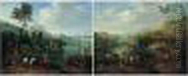 River Landscapes With Drovers 
And Soldiers Conversing In The Foreground, Figures In Boats And Towns 
Beyond Oil Painting by Karel Van Breydel (Le Chevalier)