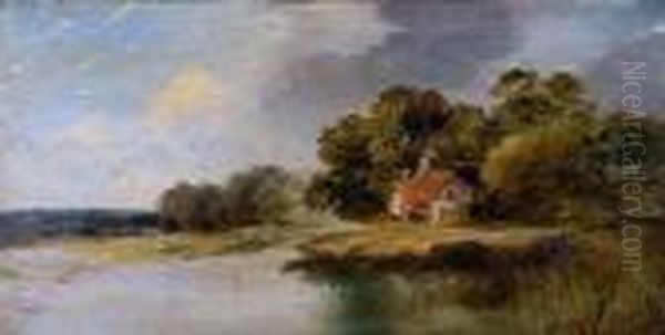A Rural Cottage By A Lake Oil Painting by Henry Bright