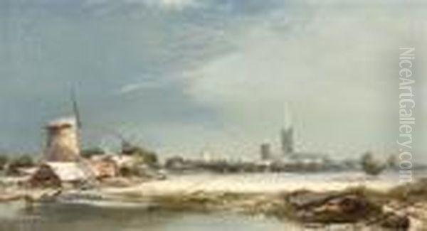 A Snow Covered Landscape With Windmills And Church Oil Painting by Henry Bright