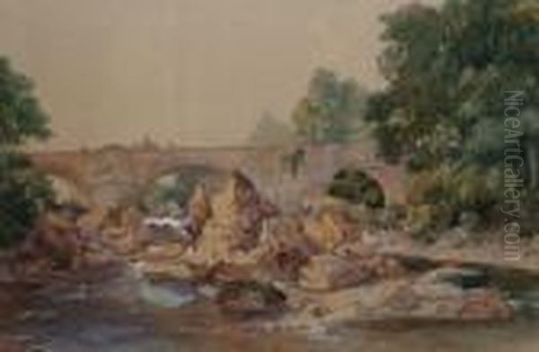 Norwich School -- Figures 
Crossing An Old Stone Bridge In A Wooded River Landscape; Watercolour, 
Signed, 22.5x30cm Oil Painting by Henry Bright