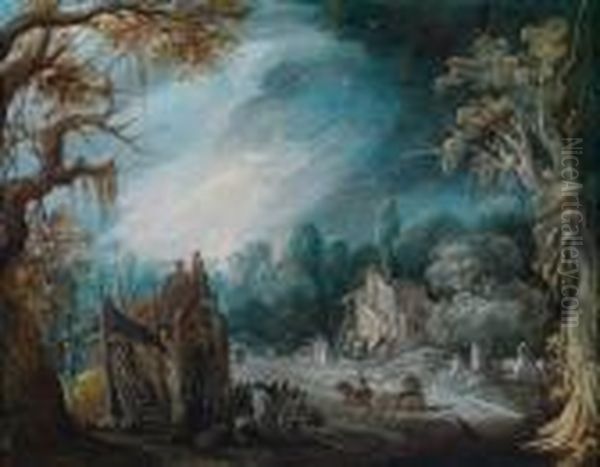 Umkreisphantasievolle Landschaft Mit Hutten Und Einem Pferdefuhrwerk Oil Painting by Paul Bril