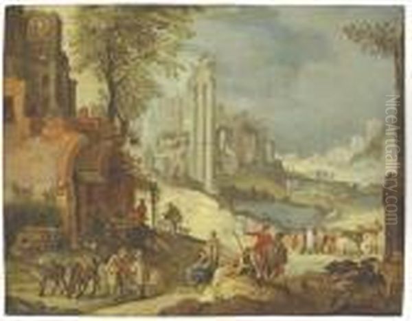 Figures Resting By An Inn, A 
Capriccio Of Roman Ruins Including Thetemple Of Castor And Pollux Beyond Oil Painting by Paul Bril