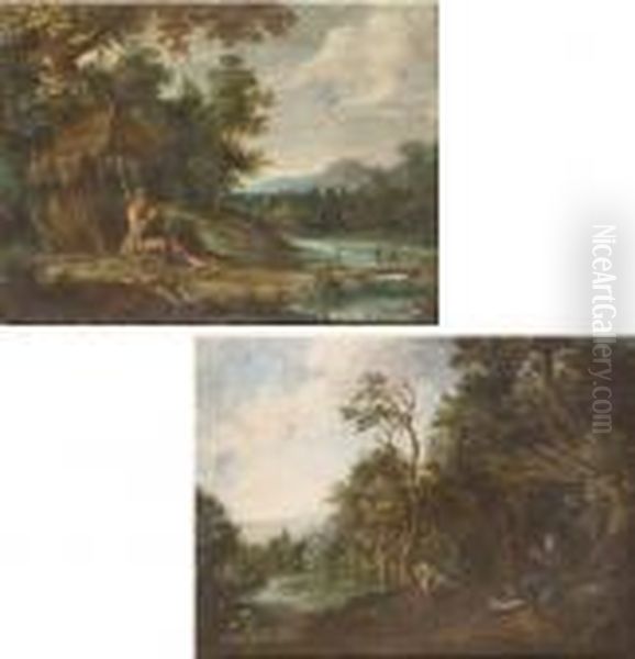 A Hermit Saint In A Wooded River
 Landscape, Seated Before His Hermitage, Two Travellers On A Bridge 
Beyond; And A Hermit Saint In A Wooded River Landscape, Praying Outside 
His Hermitage, A Traveller On Horseback Crossing A Brook Beyond Oil Painting by Paul Bril