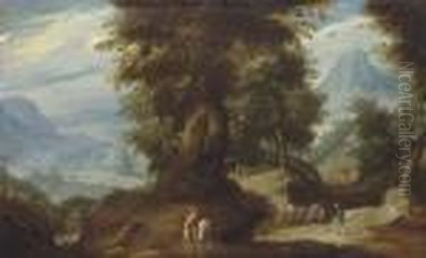 A Mountainous Wooded Landscape With A Rider And Travellers On A Path By A Watermill Oil Painting by Paul Bril