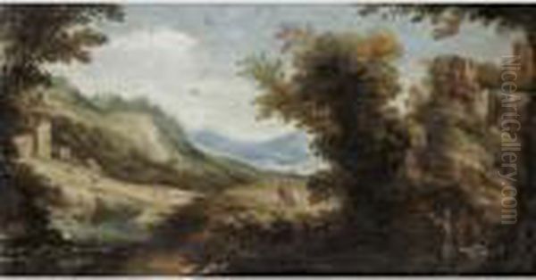 An Extensive River Landscape 
With A Hermit Saint In The Foreground A Temple And Ruins Beyond Oil Painting by Paul Bril