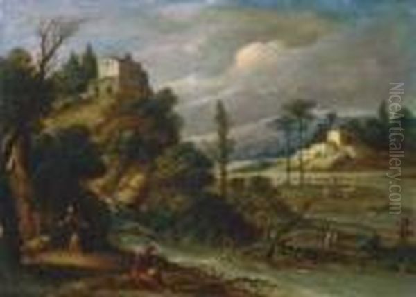 Nachfolge Sudliche Landschaft 
Mit Eremiten Und Einer Hochgelegenen Kapelle. Ol Auf Kupfer. H 28,8; B 
40 Cm Oil Painting by Paul Bril