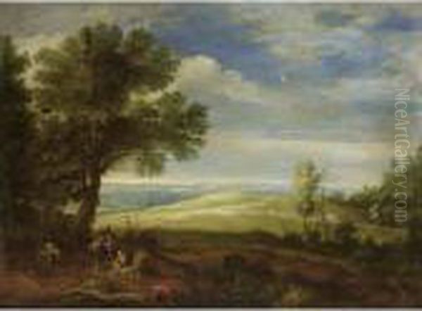 An Extensive Wooded Landscape 
With Monks Resting With A Donkey Near Trees In The Foreground, A 
Shepherd And His Herd Together With Horses On A Path In The Distance Oil Painting by Paul Bril