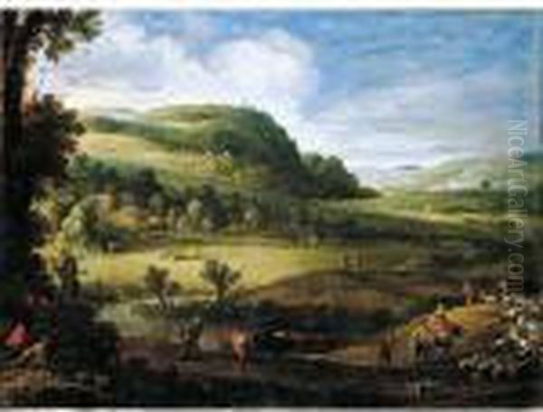 An Extensive Landscape With 
Herders Guiding Their Goats And A Man Attempting To Trap Birds In The 
Foreground Oil Painting by Paul Bril
