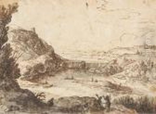 Paysage Avec Une Chute D'eau, 
Des Personnages Au Premier Plan Et Deux Villes Fortifiees Dans Le Fond Oil Painting by Paul Bril