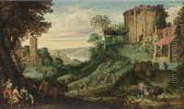 An Extensive Landscape With 
Peasants Harvesting Fruit, The Temple Of Vesta To The Right, A View Of A
 River In The Distance Oil Painting by Paul Bril