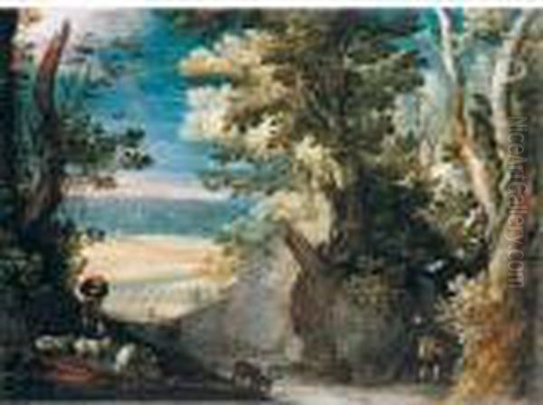 A Wooded Landscape With A 
Herdsman Tending Goats In The Foreground, A View Of A Town In The 
Distance Oil Painting by Paul Bril